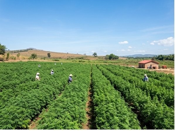Outdoor medicinal plant cultivation field with workers